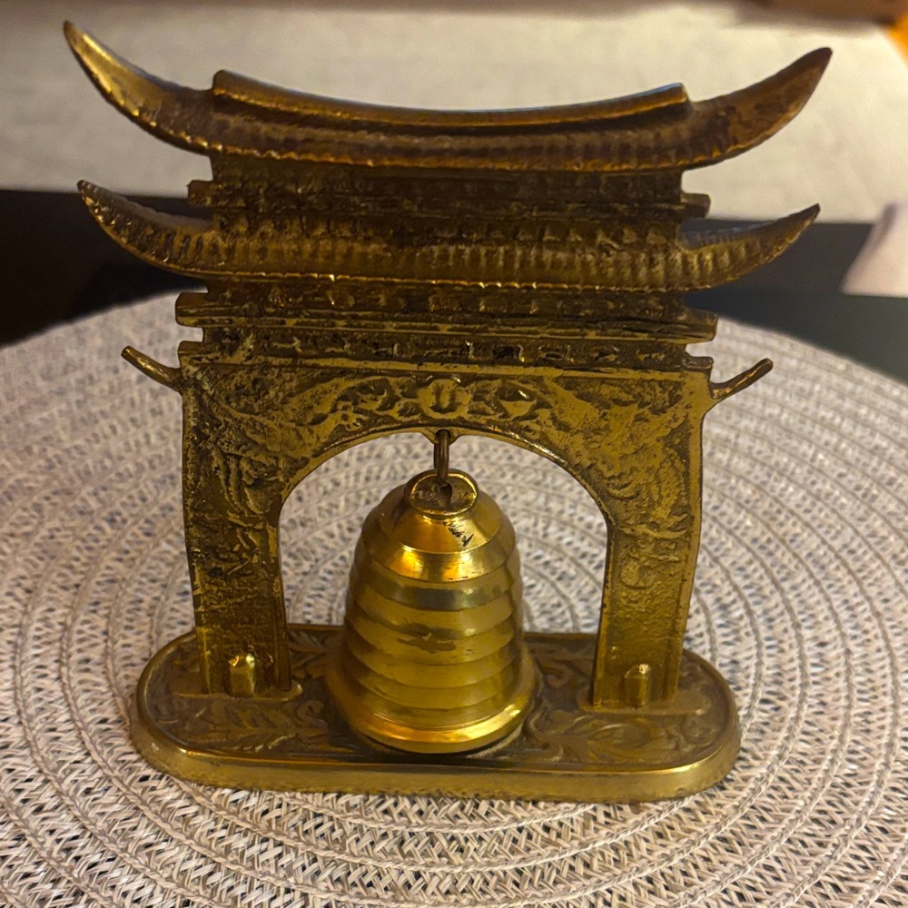Vintage Brass Pagoda Temple Bell Gong Chinese Asian Buddhism with Bell Hammer